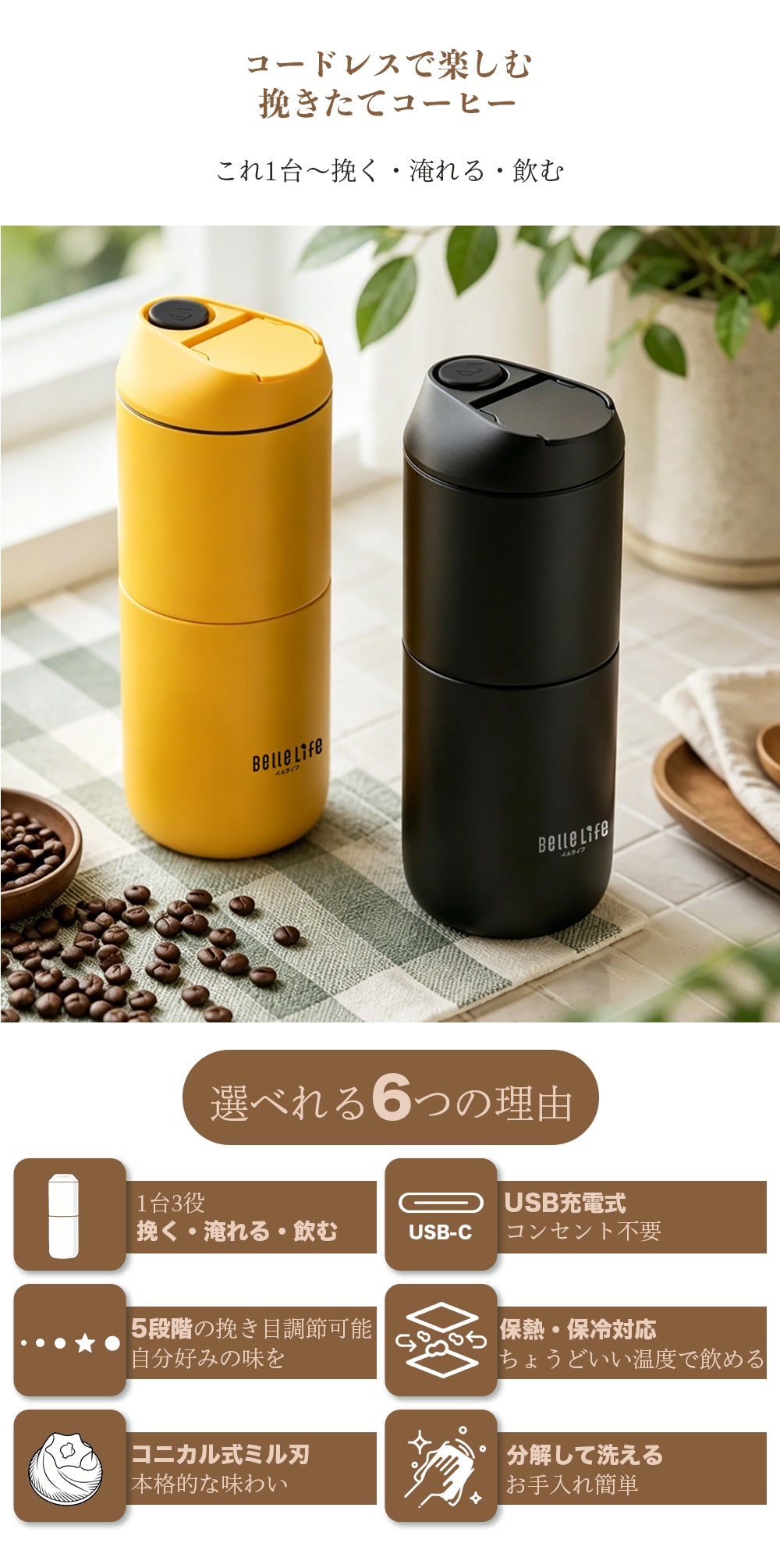 新品 ポータブル コーヒーメーカー 全自動 ミル付き イエロー BelleLife公式ストア ポータブルコーヒーメーカー 電動コーヒーミル