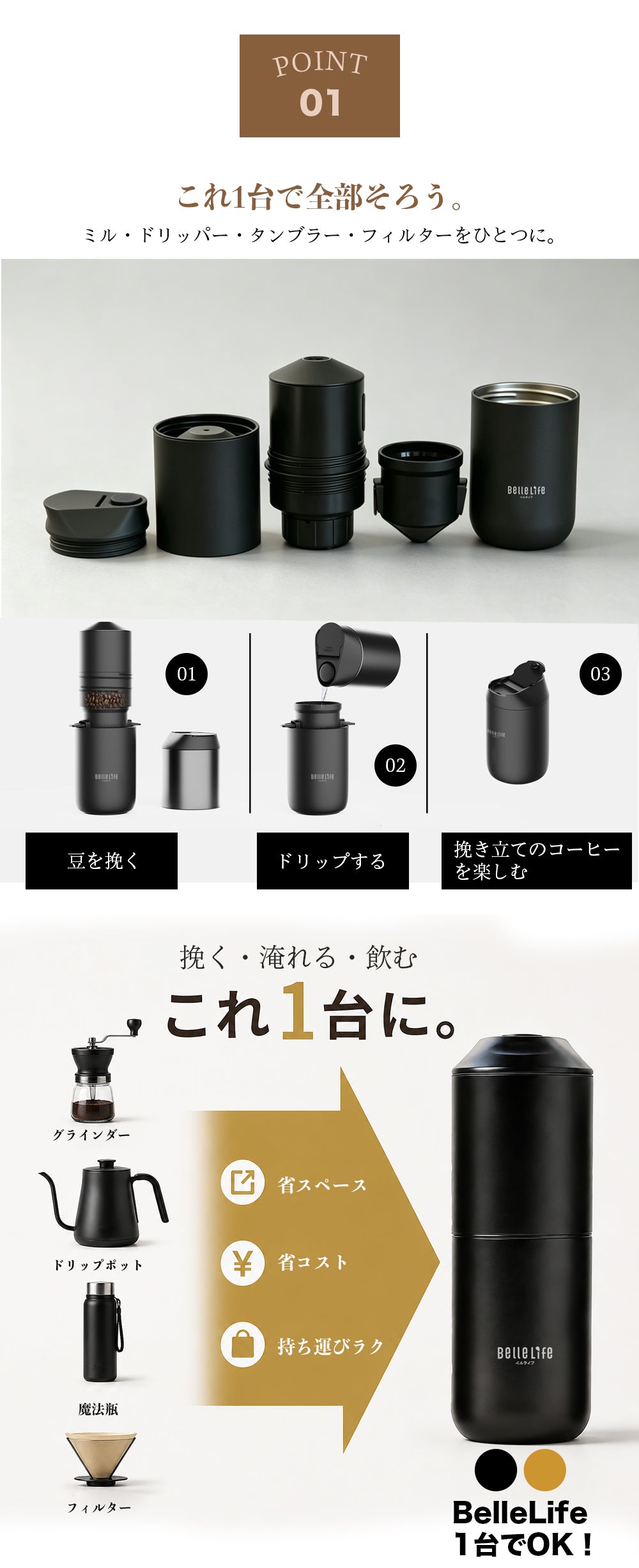 BelleLife公式ストア ポータブルコーヒーメーカー 電動コーヒーミル