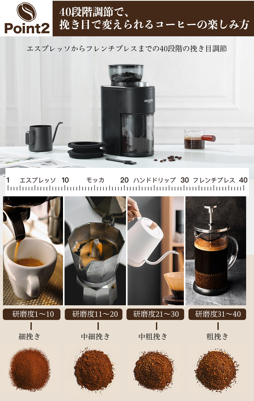 BelleLife コーヒーミル 電動 コニカル式 極細~粗挽き 40粒度段階 コーヒー粉砕機 珈琲ミル 静電気飛散防止 豆挽き 掃除ブラシ付