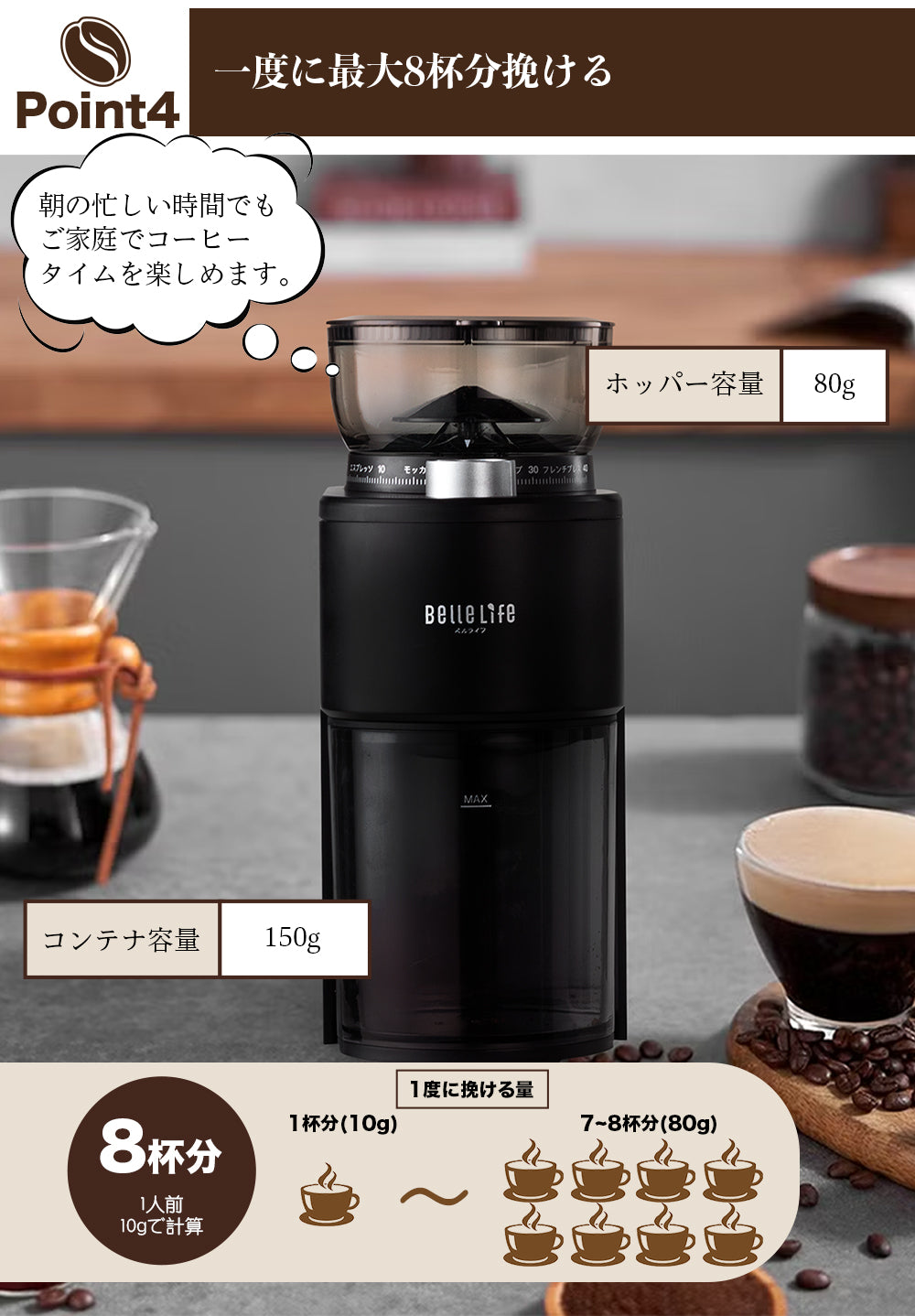 BelleLife コーヒーミル 電動 コニカル式 極細~粗挽き 40粒度段階 コーヒー粉砕機 珈琲ミル 静電気飛散防止 豆挽き 掃除ブラシ付