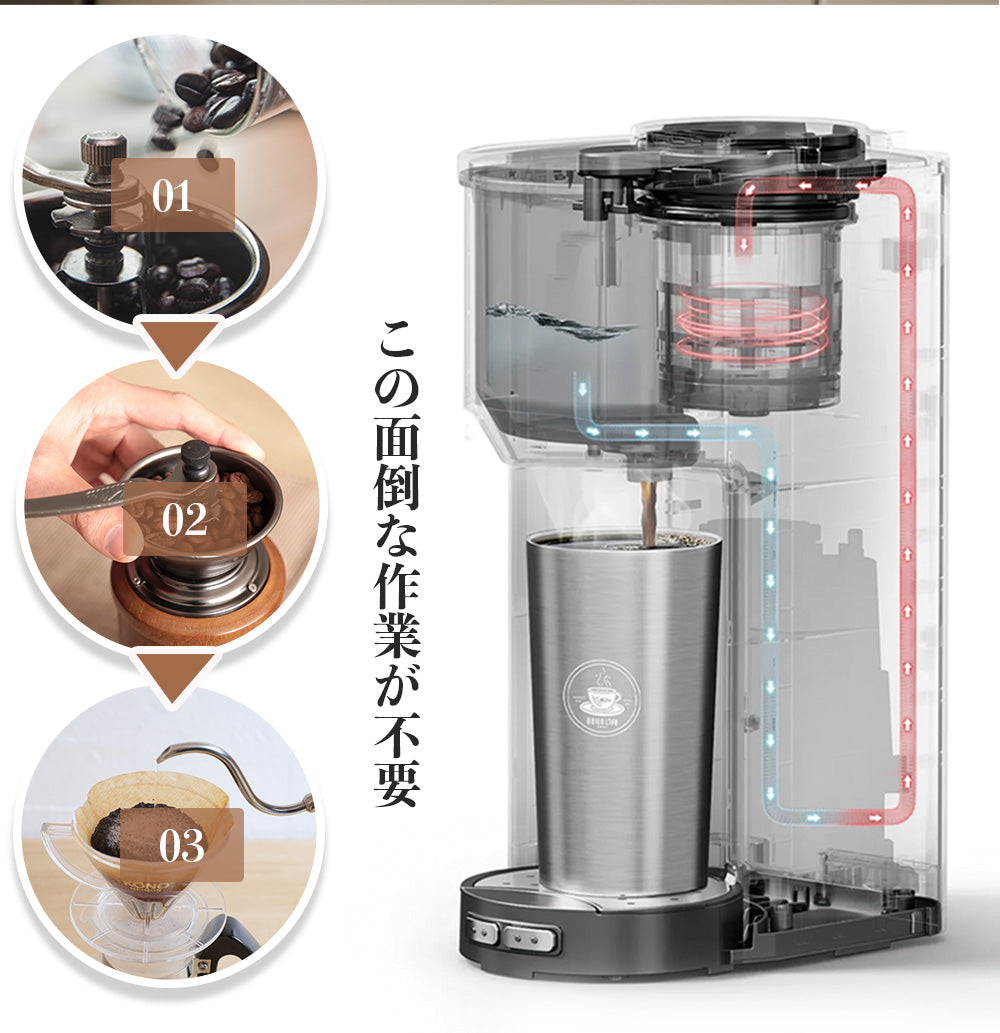 BelleLife公式直販ストア 全自動コーヒーメーカーコーヒーメーカー 一杯用 二杯用 ミル付き 豆・粉両対応 粗挽＆細挽 タンブラー付き おしゃれ ステンレス 一人暮らし 挽きたて